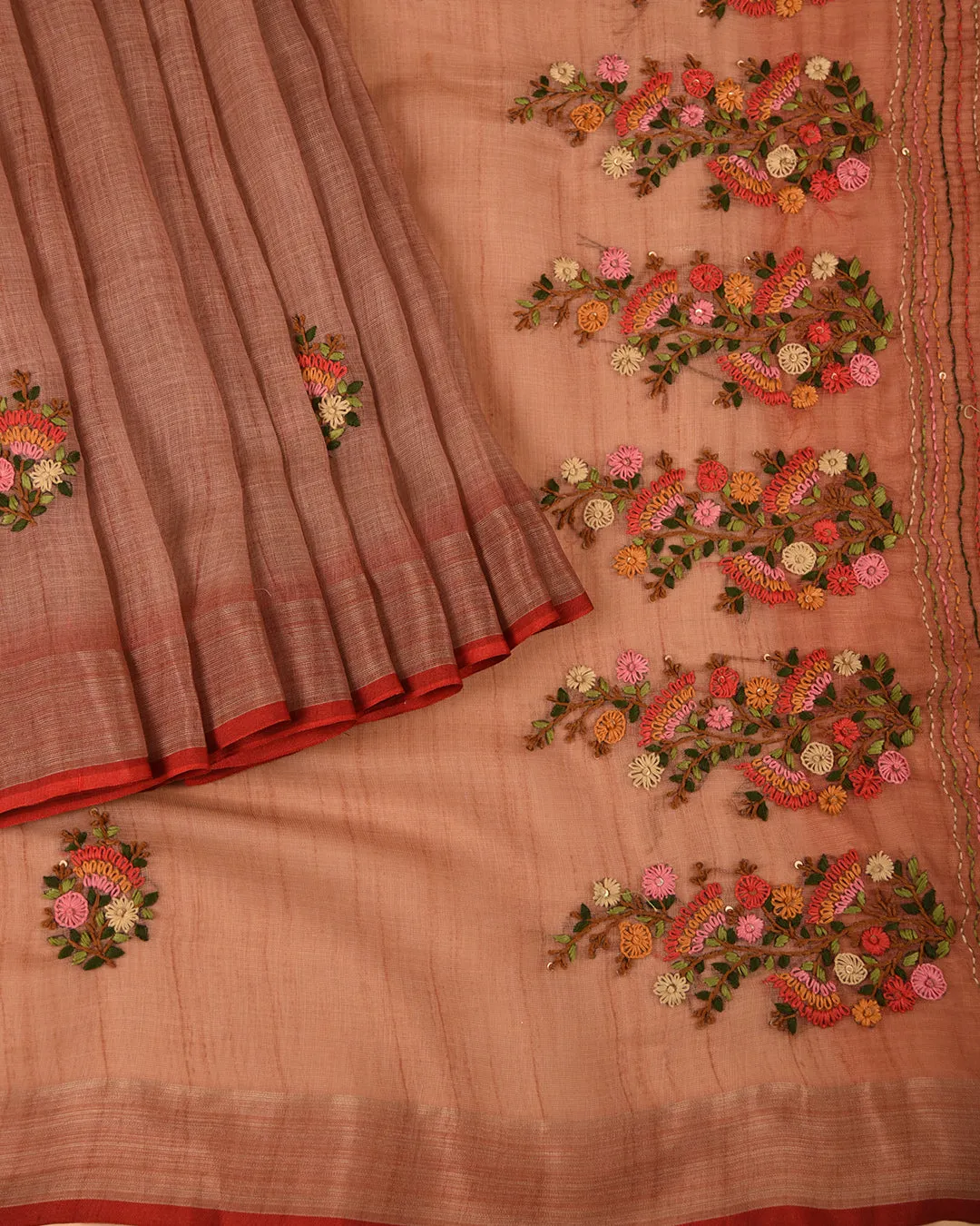 Light Carrot Pink Linen Silk Blend Embroidered Saree With Linen Silk Embroidered Blouse