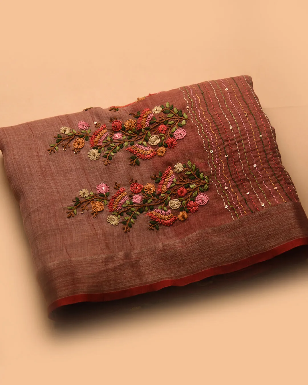 Light Carrot Pink Linen Silk Blend Embroidered Saree With Linen Silk Embroidered Blouse