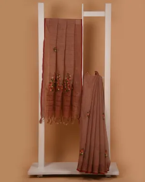Light Carrot Pink Linen Silk Blend Embroidered Saree With Linen Silk Embroidered Blouse