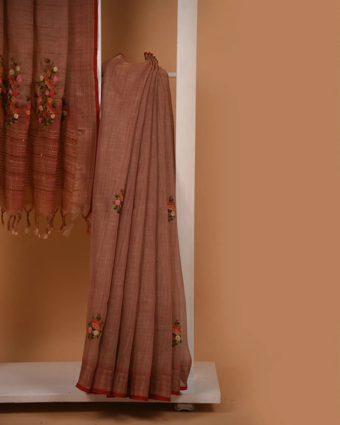Light Carrot Pink Linen Silk Blend Embroidered Saree With Linen Silk Embroidered Blouse