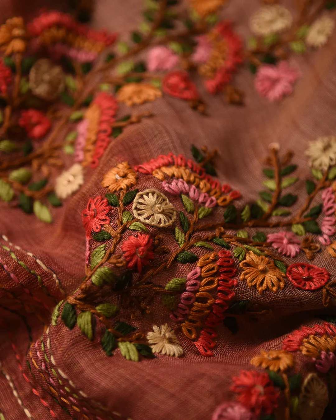 Light Carrot Pink Linen Silk Blend Embroidered Saree With Linen Silk Embroidered Blouse