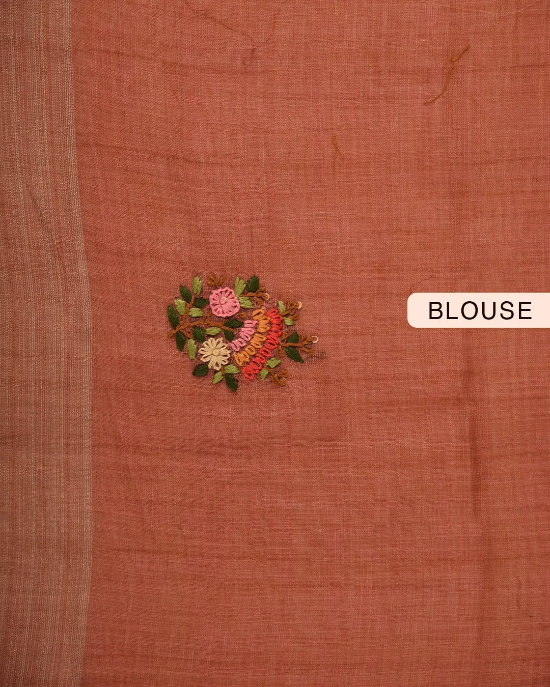 Light Carrot Pink Linen Silk Blend Embroidered Saree With Linen Silk Embroidered Blouse