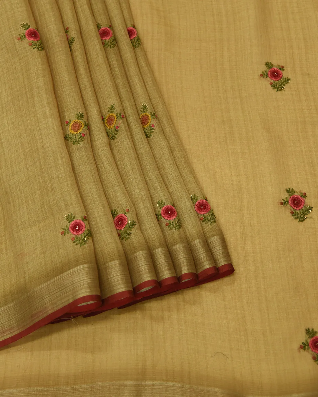 Light Mehandi Green Linen Silk Blend Embroidered Saree With Linen Silk Embroidered Blouse