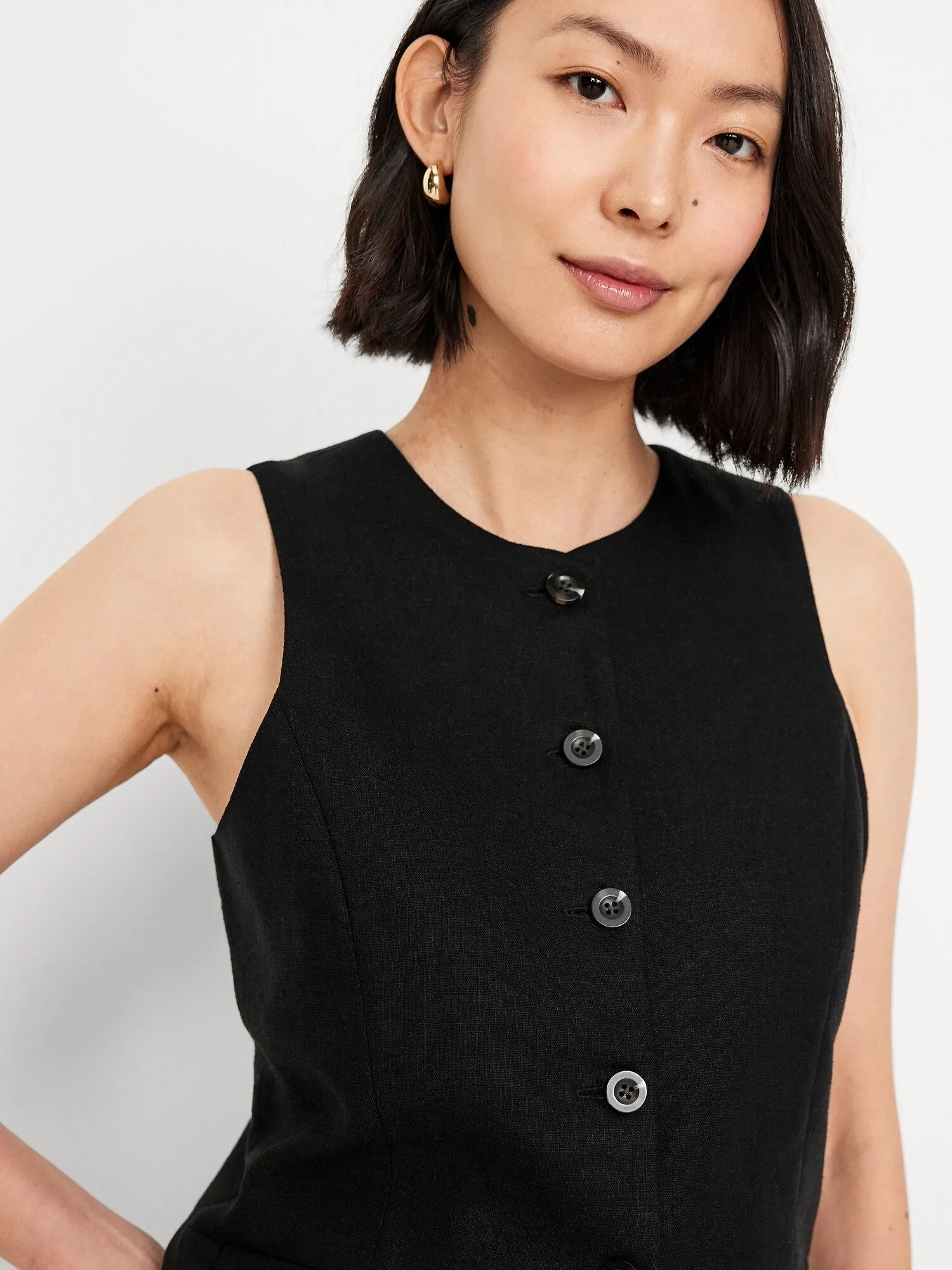 Linen-Blend Button-Front Vest