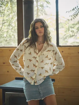 Linen Blend Cheetah Button Up Shirt Blouse