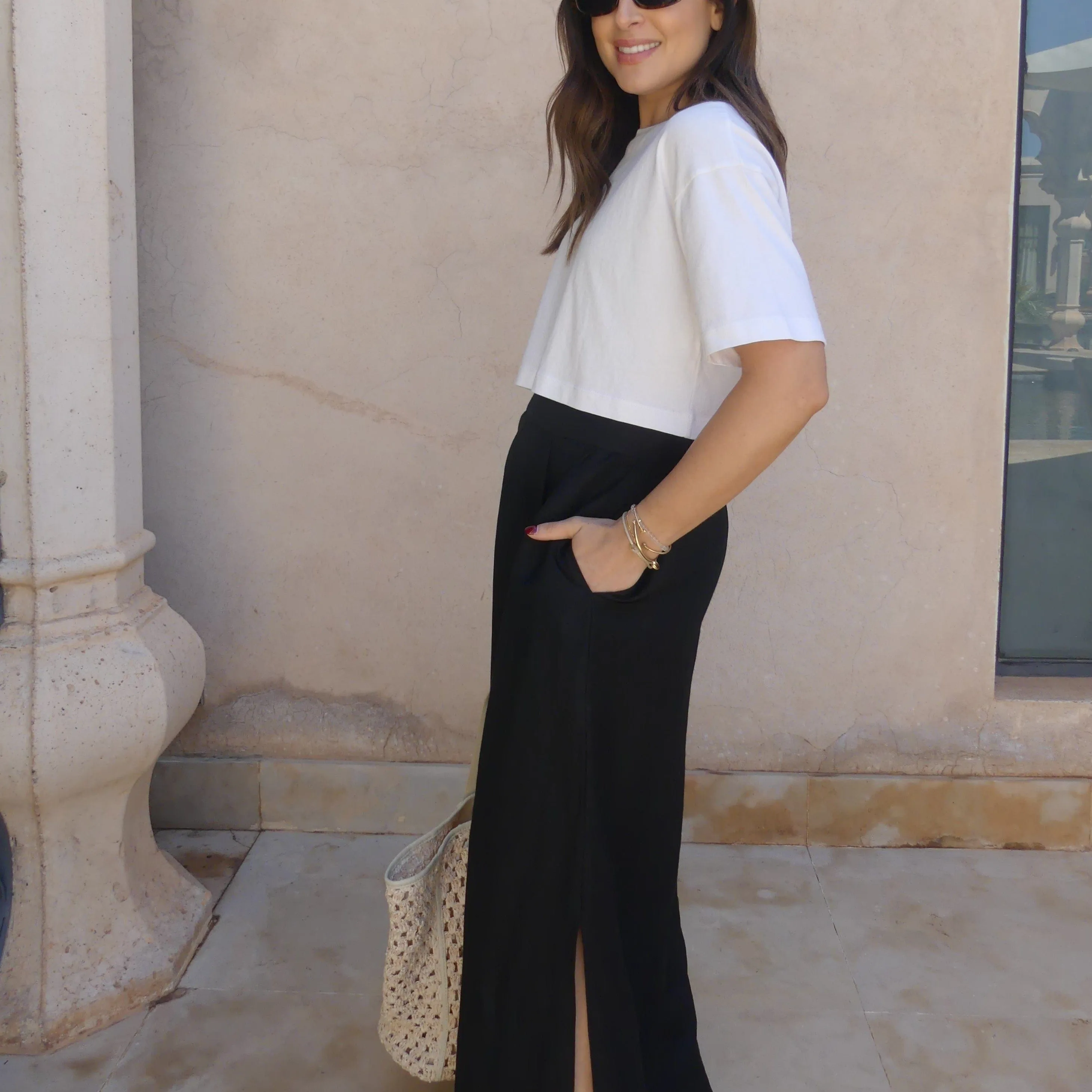 LINEN BLEND ELASTICATED WAIST MAXI SKIRT - BLACK
