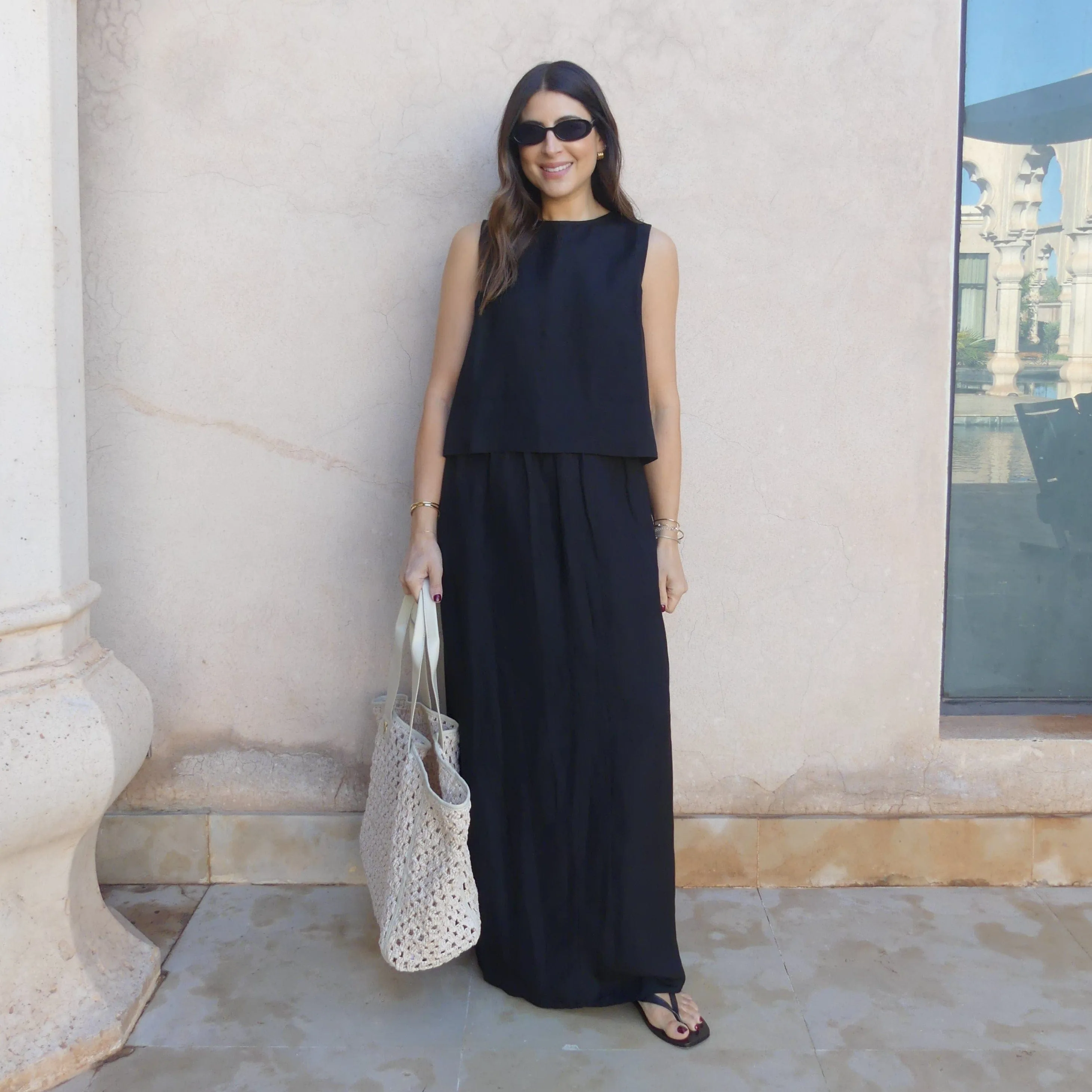 LINEN BLEND ELASTICATED WAIST MAXI SKIRT - BLACK