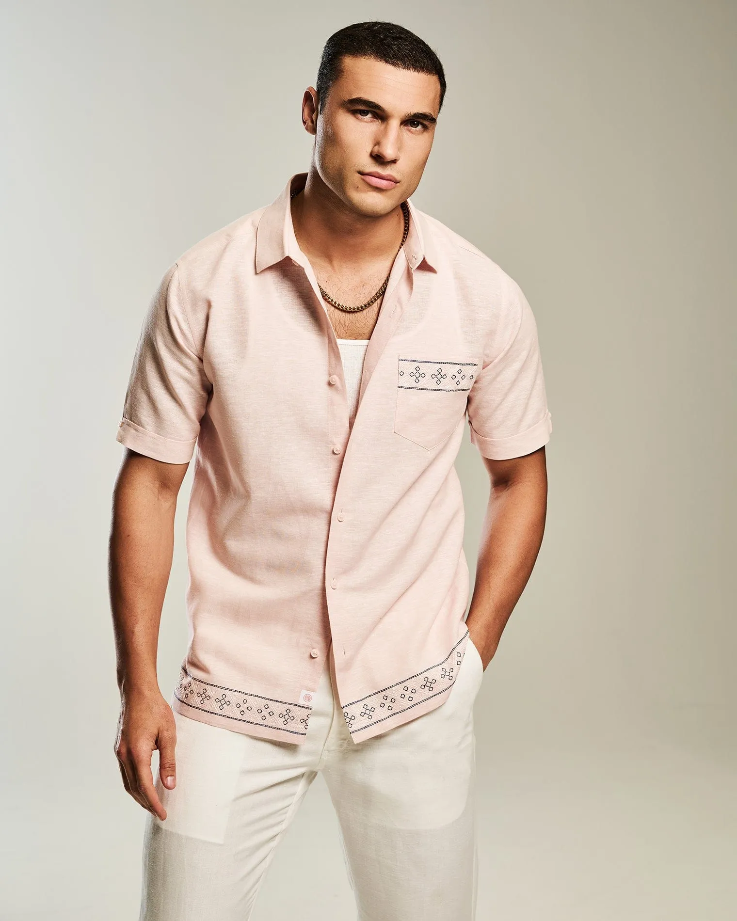 Linen Blend Embroidered Border Shirt