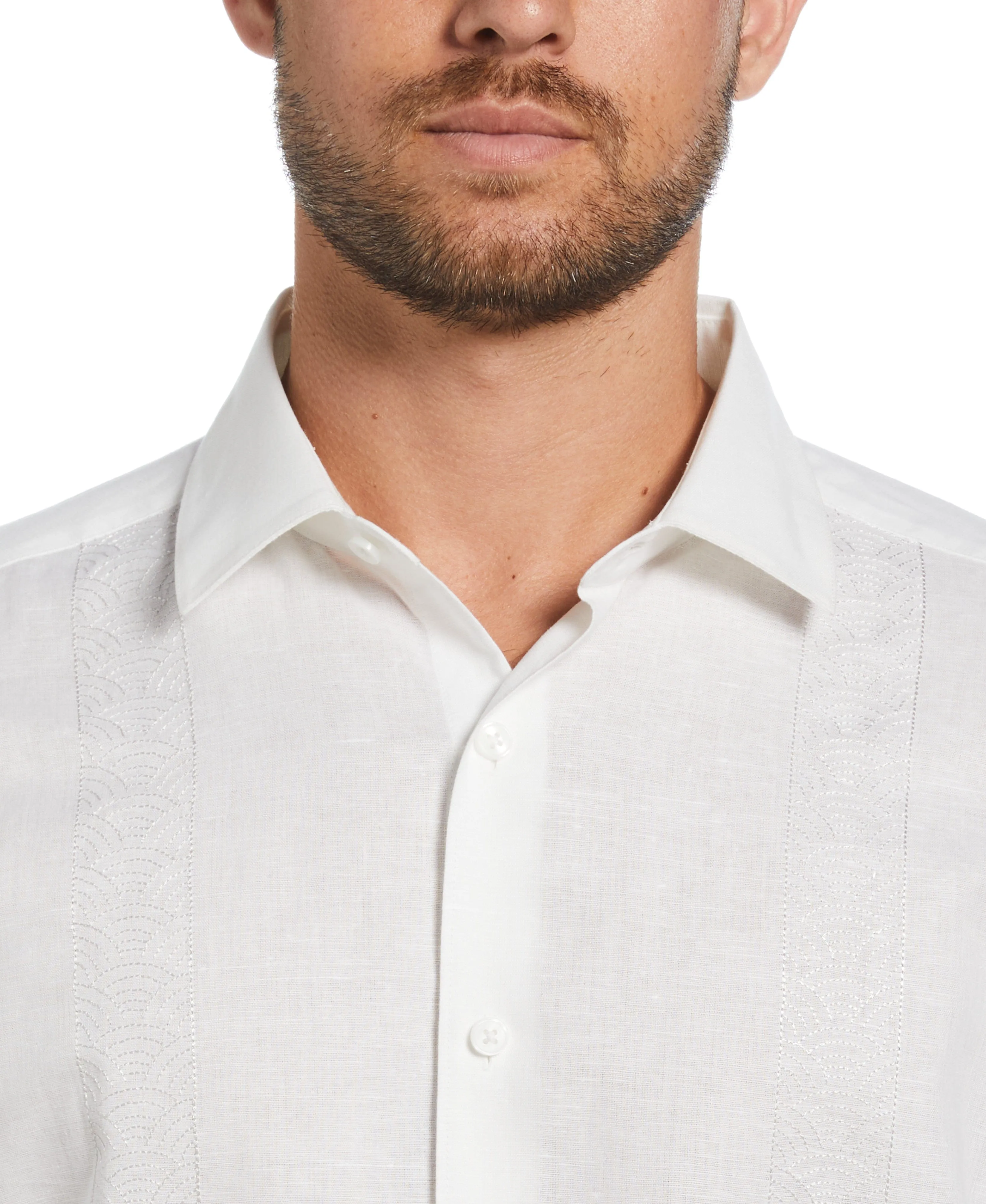 Linen Blend Embroidered Contrast Wave Panel Shirt