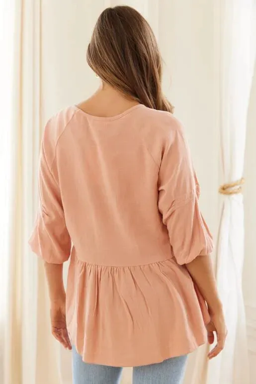 LINEN BLEND PINTUCK TOP IN DUSTY ROSE