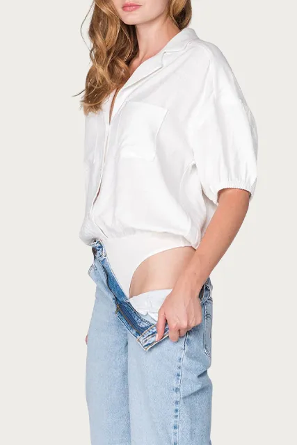LINEN-BLEND THONG BODYSUIT