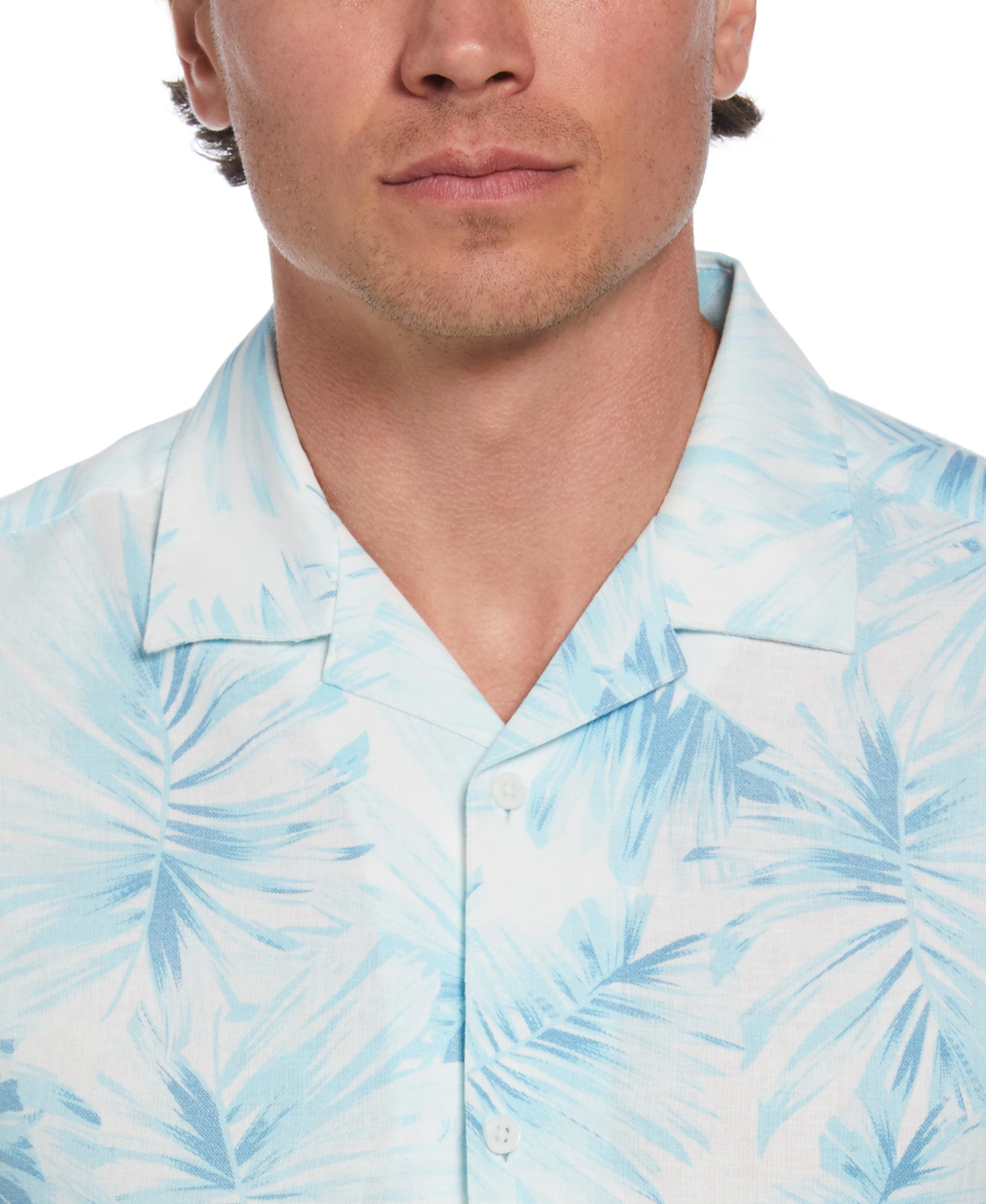 Linen Blend Tropical Palm Print Shirt