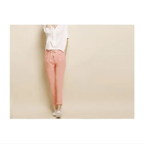 Linen Harem Nine Elastic Waist Pants All-Match Loose Pantalon Candy Colored Women's Casual Pants Trousers