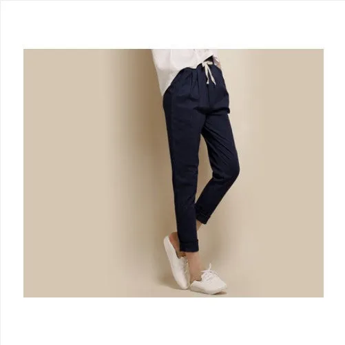 Linen Harem Nine Elastic Waist Pants All-Match Loose Pantalon Candy Colored Women's Casual Pants Trousers