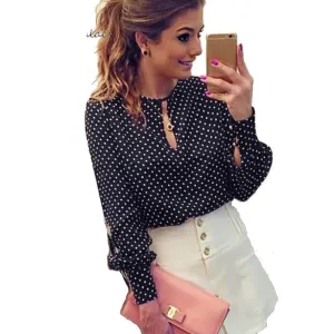 Long Sleeve Slit Open Women Blouse Polka Dots Shirt Top Chiffon Hollow Sexy Casual Shirt Plus Size Women Tops Blusas bluse