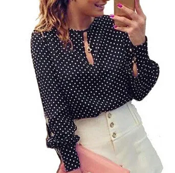 Long Sleeve Slit Open Women Blouse Polka Dots Shirt Top Chiffon Hollow Sexy Casual Shirt Plus Size Women Tops Blusas bluse