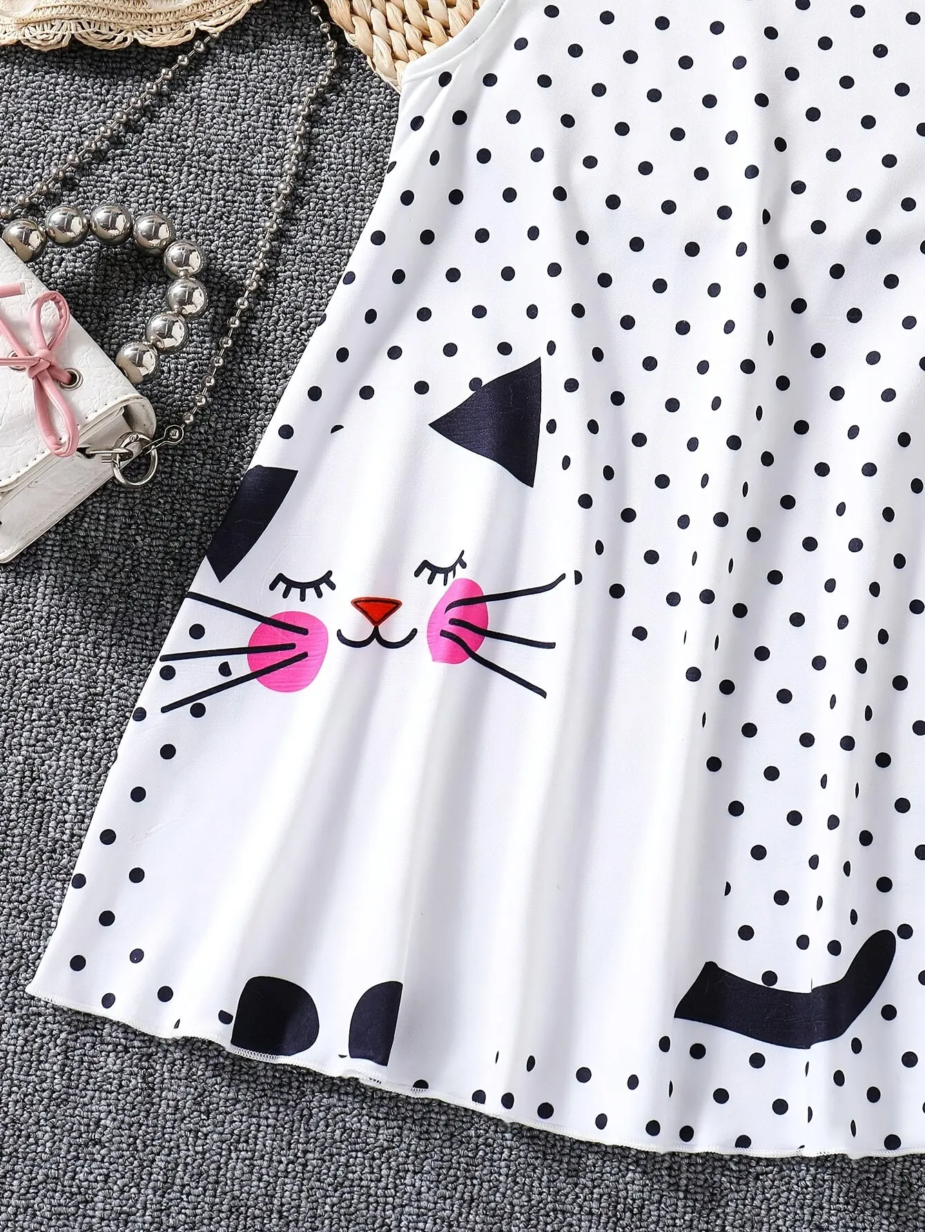 Long Sleeveless Fit and Flare Kitty Pattern Polka Dot Dress for Girls - Comfy, Slight Stretch, Crew Neck, Flared Hem, Applique Details - Perfect Summer Casual Wear, Machine Washable, Gift Idea