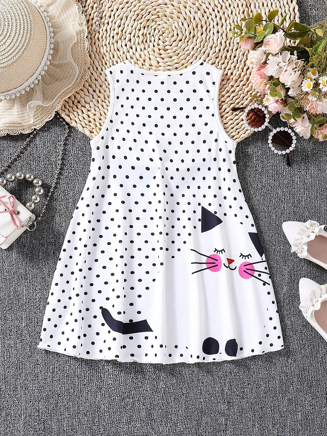 Long Sleeveless Fit and Flare Kitty Pattern Polka Dot Dress for Girls - Comfy, Slight Stretch, Crew Neck, Flared Hem, Applique Details - Perfect Summer Casual Wear, Machine Washable, Gift Idea