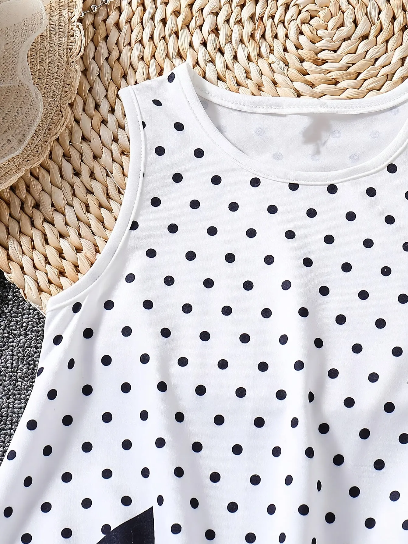 Long Sleeveless Fit and Flare Kitty Pattern Polka Dot Dress for Girls - Comfy, Slight Stretch, Crew Neck, Flared Hem, Applique Details - Perfect Summer Casual Wear, Machine Washable, Gift Idea