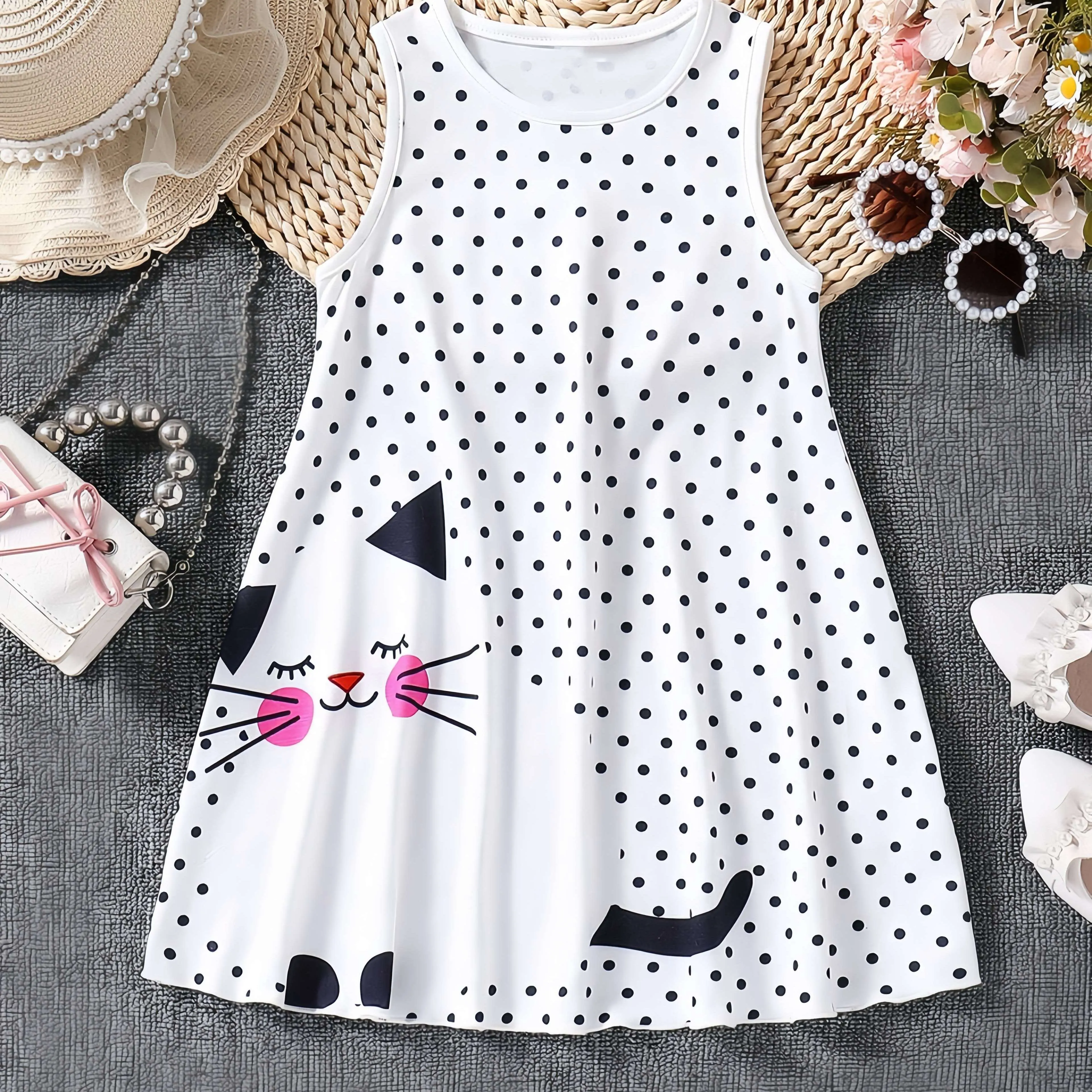 Long Sleeveless Fit and Flare Kitty Pattern Polka Dot Dress for Girls - Comfy, Slight Stretch, Crew Neck, Flared Hem, Applique Details - Perfect Summer Casual Wear, Machine Washable, Gift Idea
