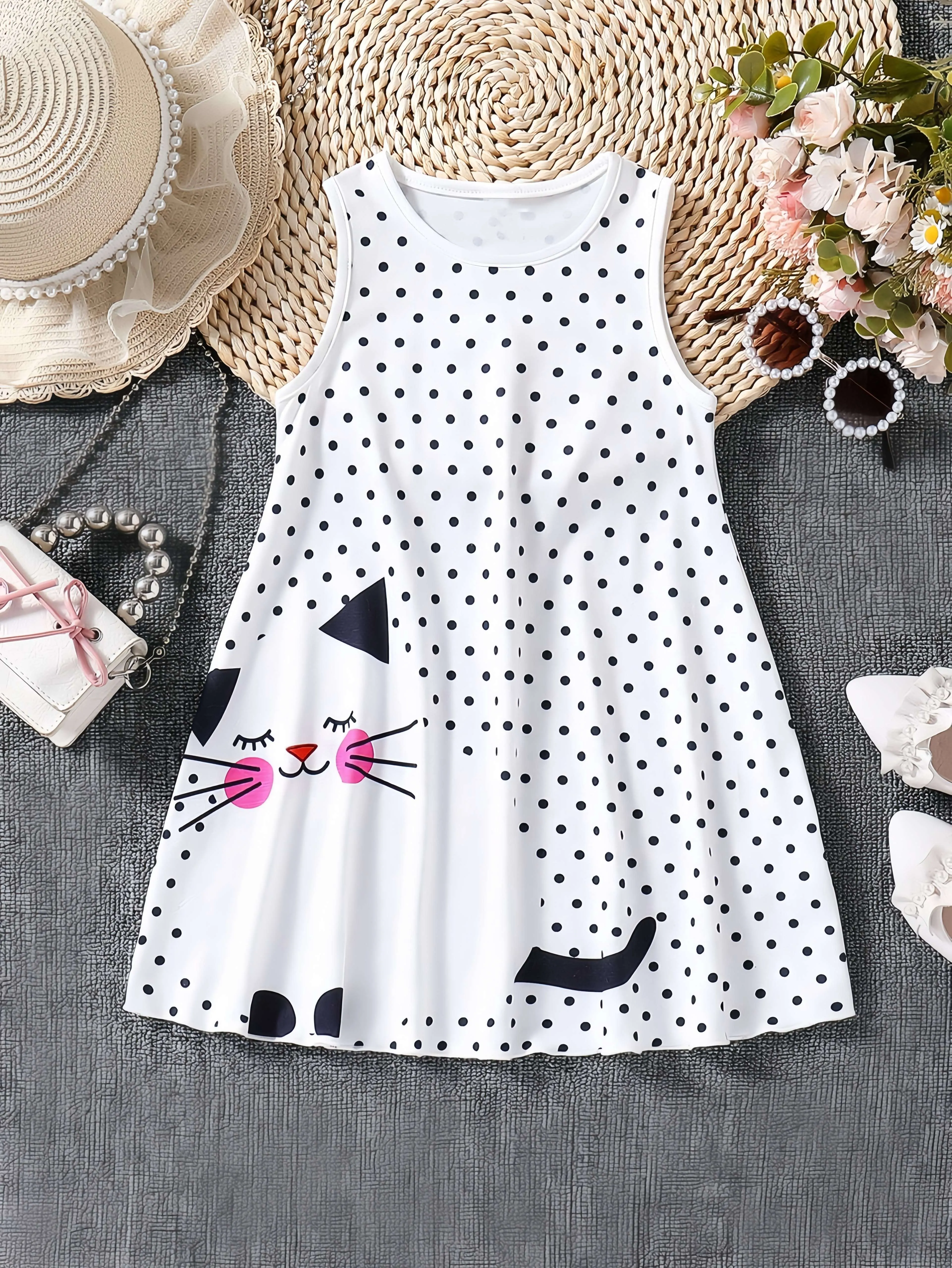 Long Sleeveless Fit and Flare Kitty Pattern Polka Dot Dress for Girls - Comfy, Slight Stretch, Crew Neck, Flared Hem, Applique Details - Perfect Summer Casual Wear, Machine Washable, Gift Idea