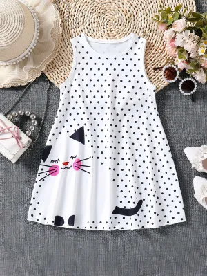 Long Sleeveless Fit and Flare Kitty Pattern Polka Dot Dress for Girls - Comfy, Slight Stretch, Crew Neck, Flared Hem, Applique Details - Perfect Summer Casual Wear, Machine Washable, Gift Idea