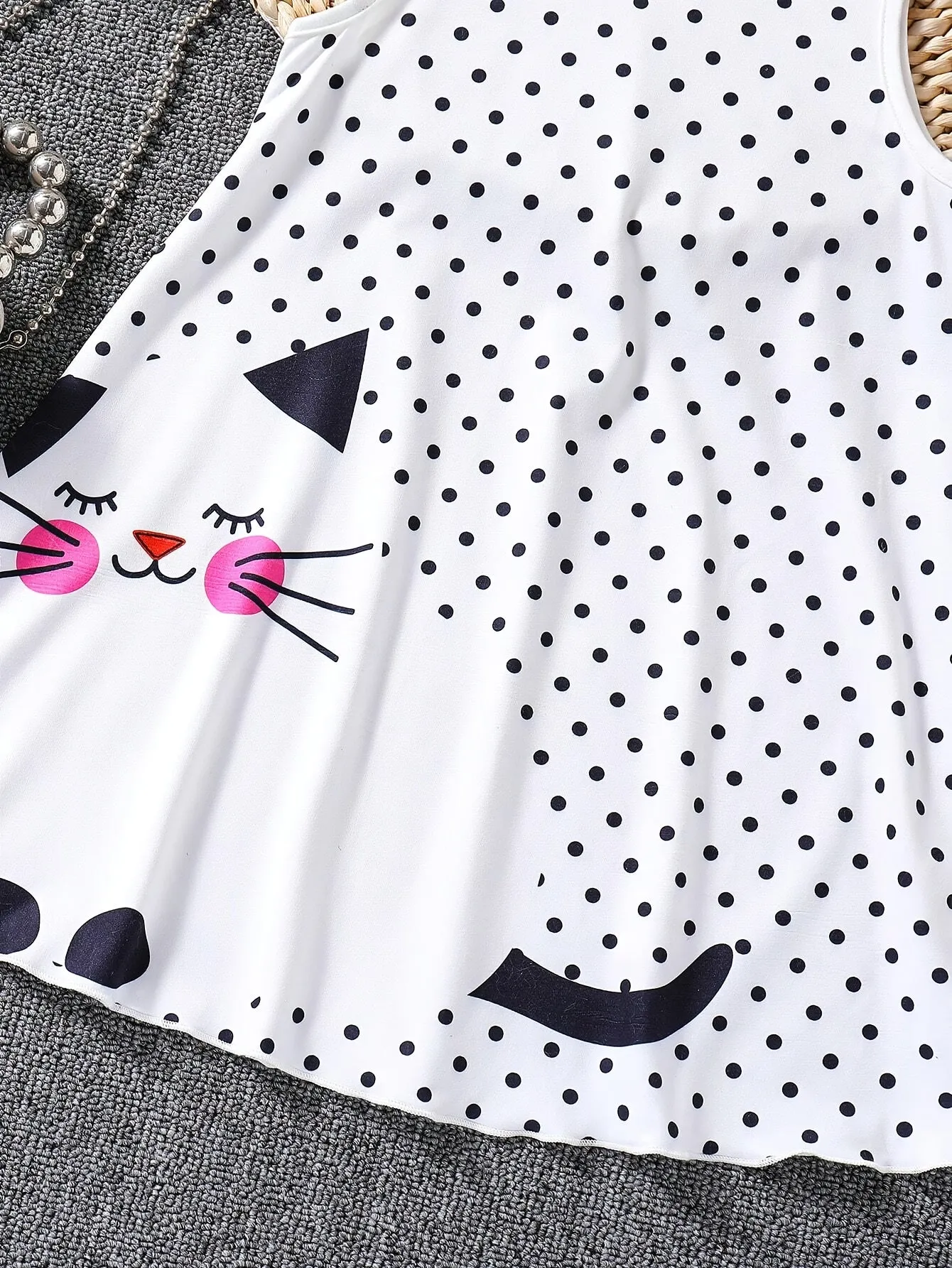 Long Sleeveless Fit and Flare Kitty Pattern Polka Dot Dress for Girls - Comfy, Slight Stretch, Crew Neck, Flared Hem, Applique Details - Perfect Summer Casual Wear, Machine Washable, Gift Idea