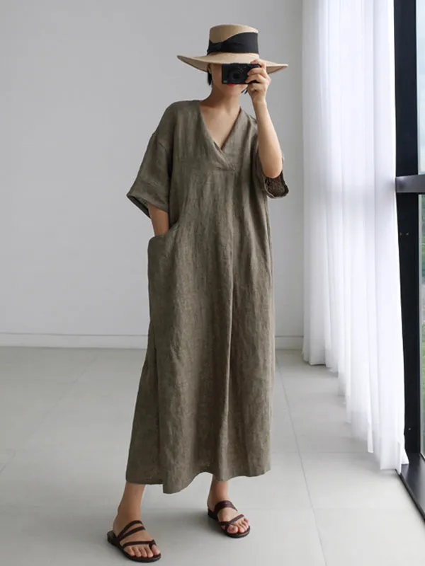 Loose Cotton and Linen V-Neck Shirt Dress