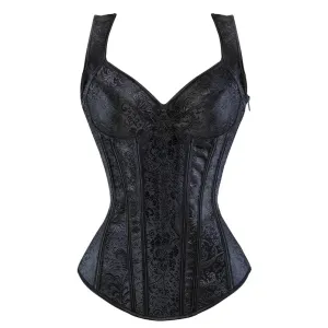 M Women Corset with Straps Black Overbust Corset Plus Size Floral Jacquard Corset Zipper Top Gothic Steampunk Corset Bustier