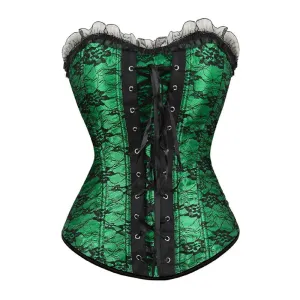 M Women's Lace Cover Overbust Corset Lace Up Boned Lingerie Zipper Side Carnival Waist and Body Shaper Bustier Plus Size