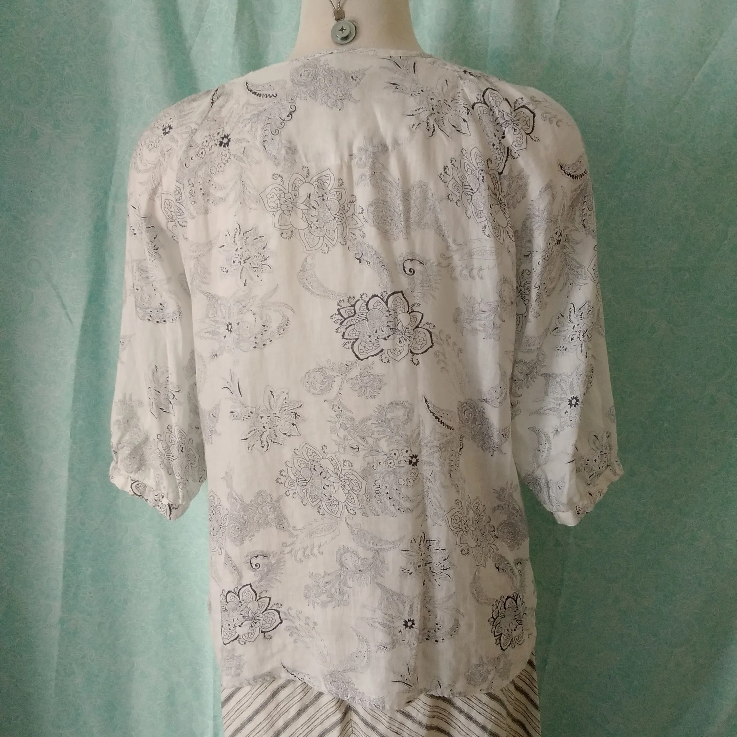MALVIN White Black Print LINEN Embroidered 3/4 Sleeve Blouse - M / 8