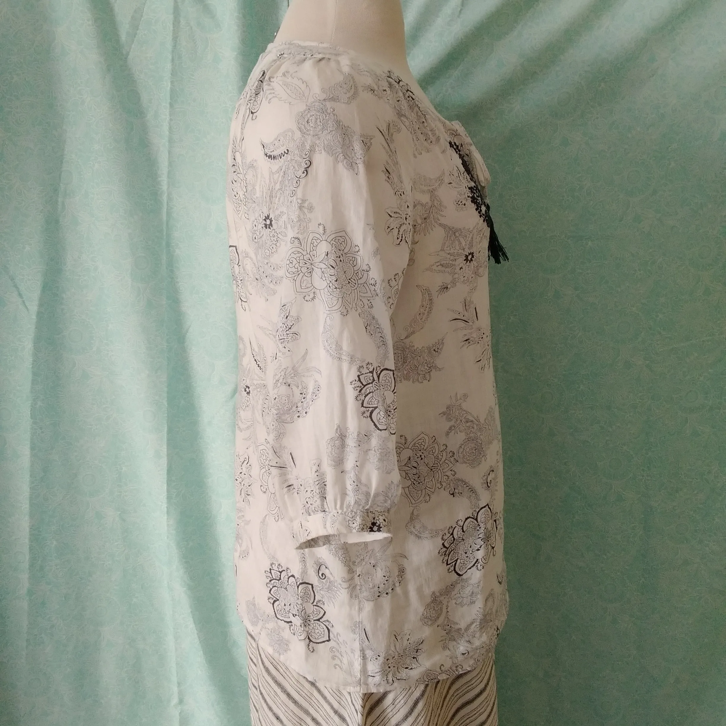 MALVIN White Black Print LINEN Embroidered 3/4 Sleeve Blouse - M / 8