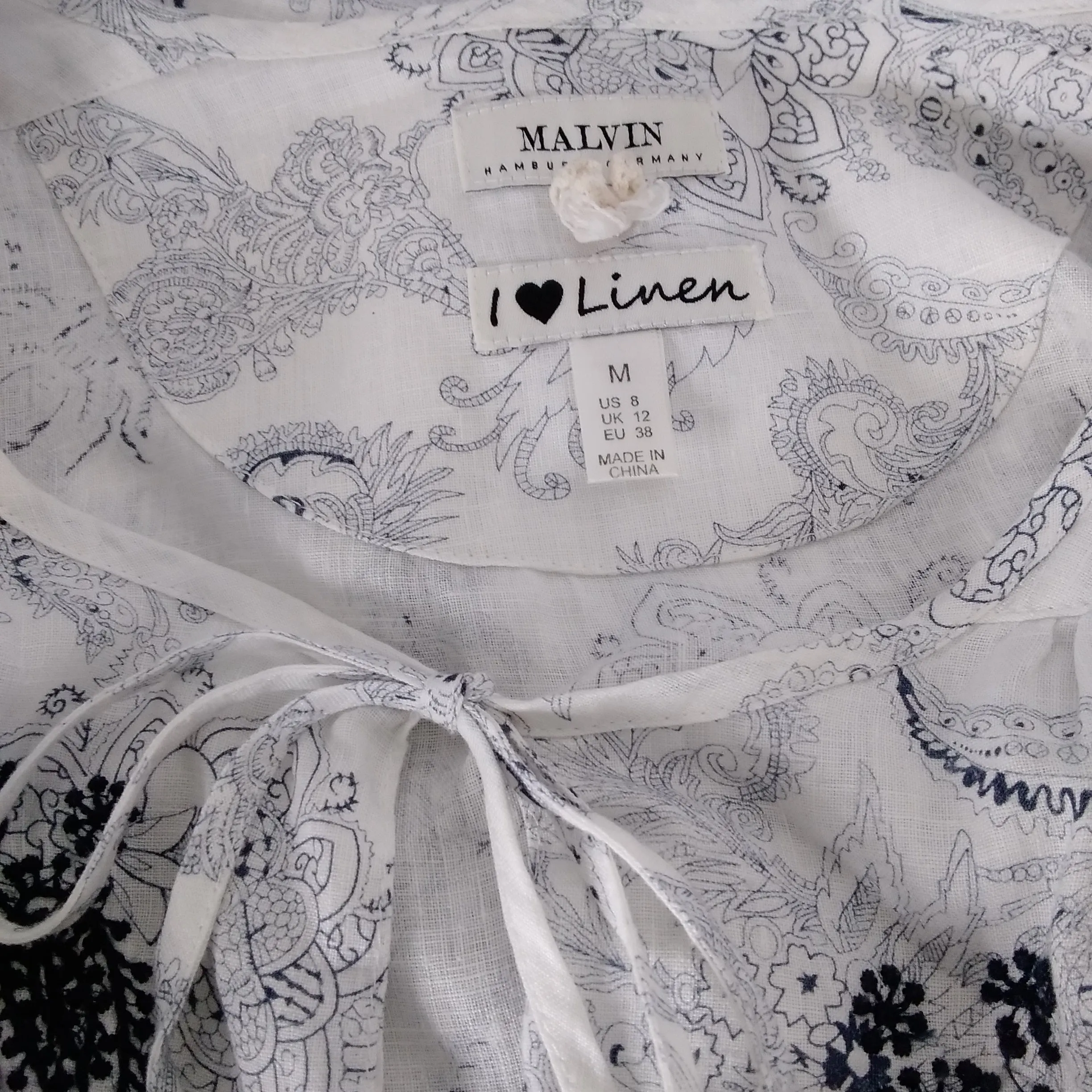 MALVIN White Black Print LINEN Embroidered 3/4 Sleeve Blouse - M / 8
