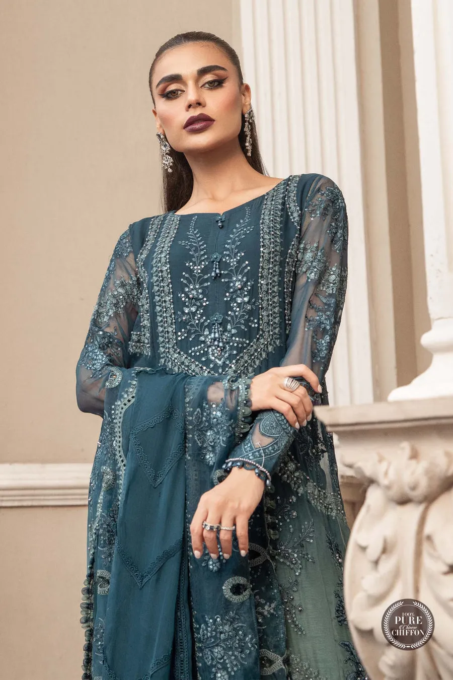 Maria.B | Embroidered Chiffon Collection '23 | MPC-23-102 TEAL BLUE
