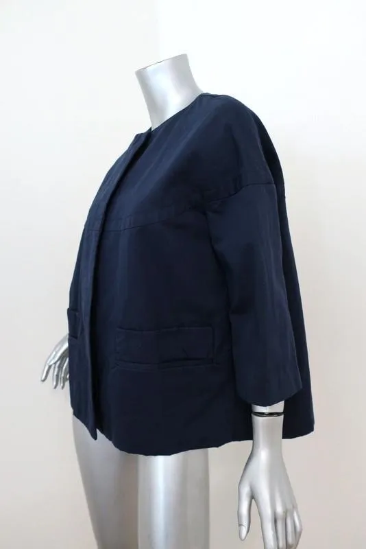 Marni Swing Jacket Navy Cotton-Linen Size 42 Button Front 3/4 Sleeve