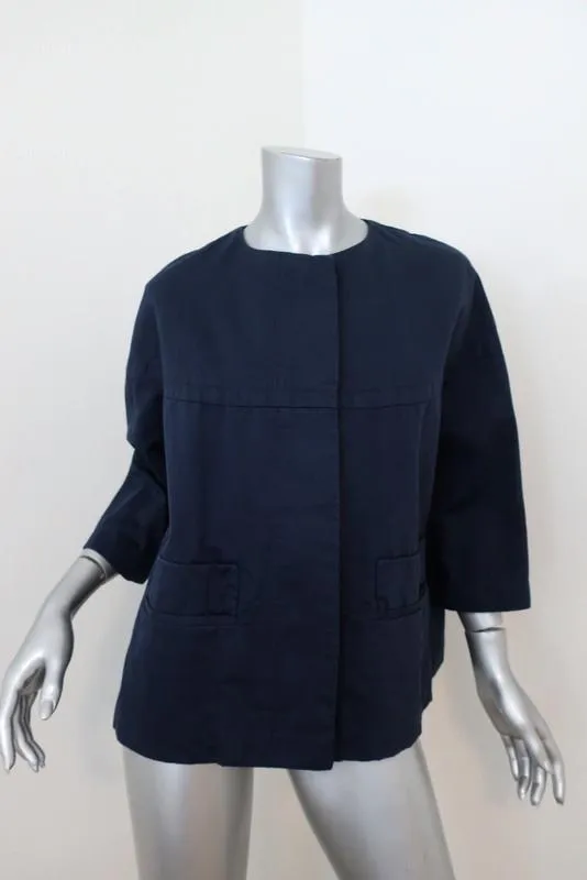 Marni Swing Jacket Navy Cotton-Linen Size 42 Button Front 3/4 Sleeve