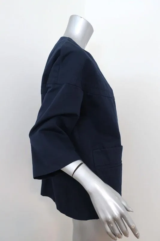 Marni Swing Jacket Navy Cotton-Linen Size 42 Button Front 3/4 Sleeve
