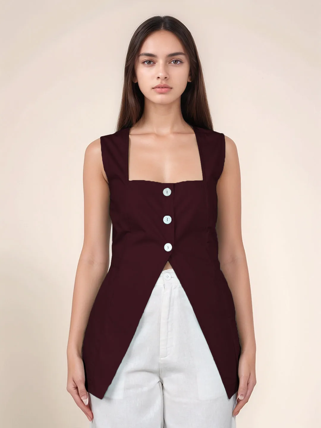 Maroon Solid Square Neck Top