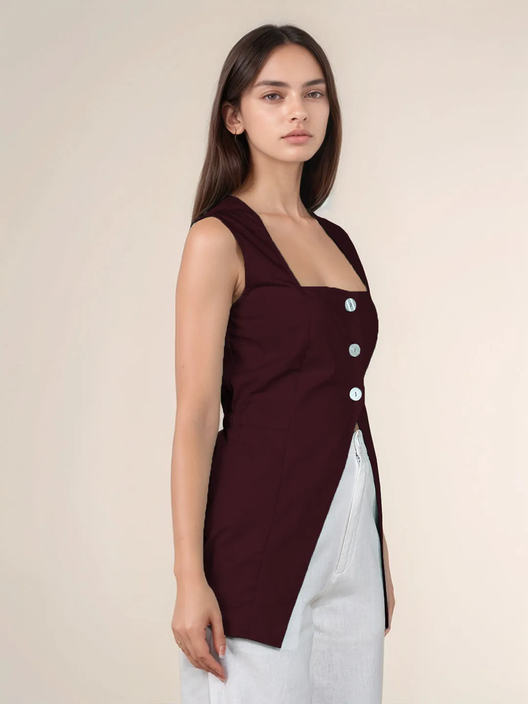Maroon Solid Square Neck Top