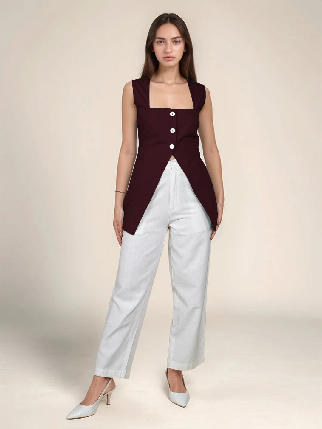 Maroon Solid Square Neck Top
