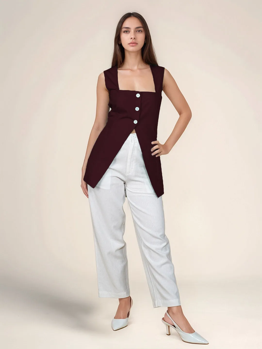 Maroon Solid Square Neck Top