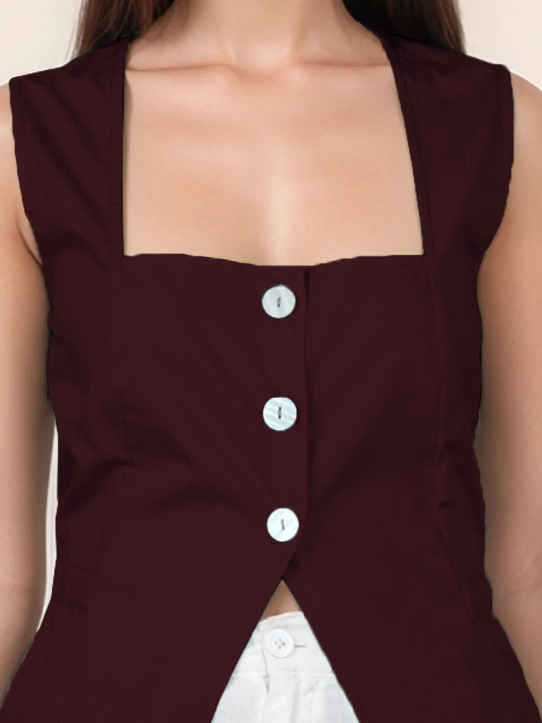 Maroon Solid Square Neck Top