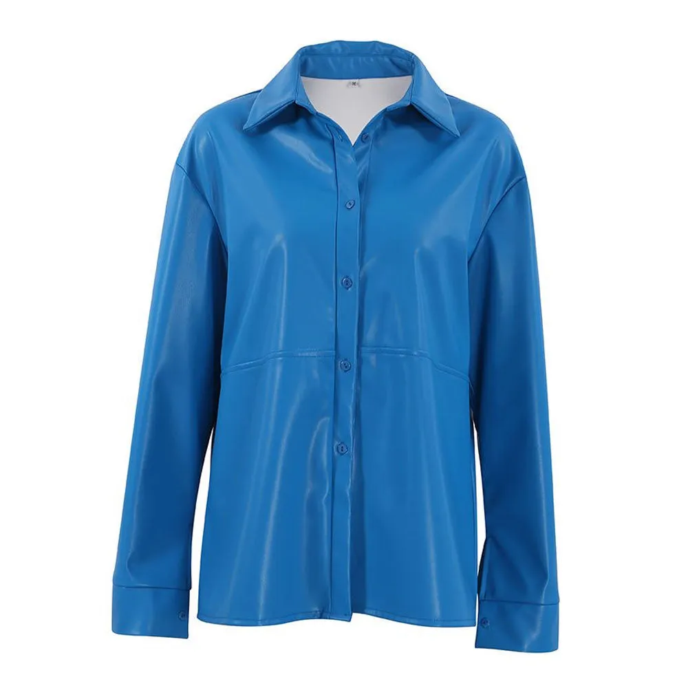 Minimalist Faux Leather Button Up Long Sleeve Pointed Collar Shirt - Royal Blue
