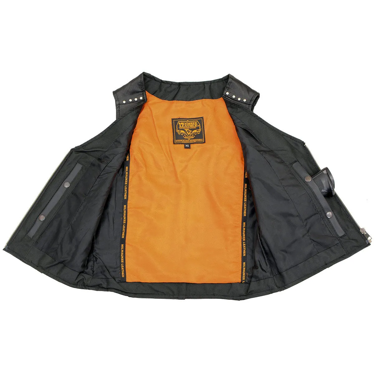 ML2078 Women's Black Naked Leather Motorcycle Rider Vest- Studding Detail with Front Zip Closure