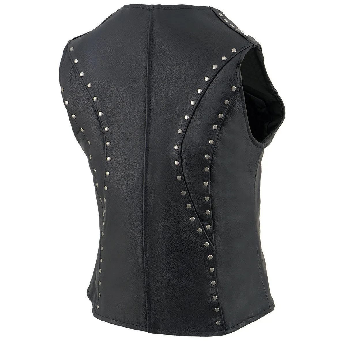 ML2078 Women's Black Naked Leather Motorcycle Rider Vest- Studding Detail with Front Zip Closure