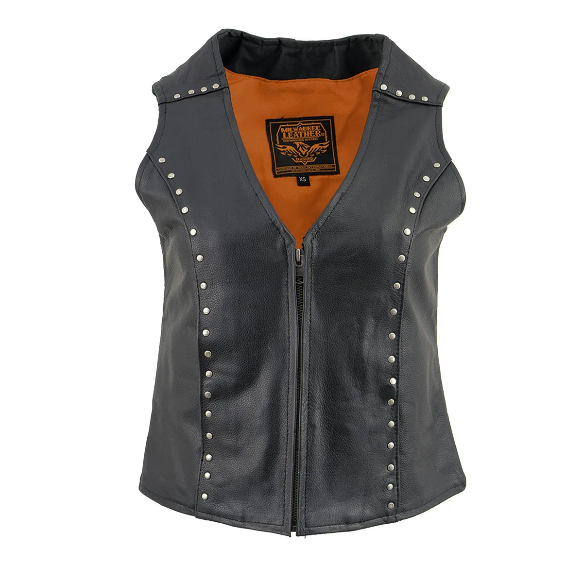 ML2078 Women's Black Naked Leather Motorcycle Rider Vest- Studding Detail with Front Zip Closure