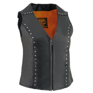 ML2078 Women's Black Naked Leather Motorcycle Rider Vest- Studding Detail with Front Zip Closure