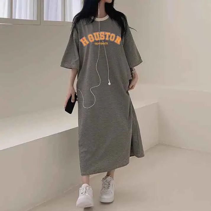 MOMENTLOVER Manufacturer casual printing lazy skirt medium and long straight skirt pure cotton T-shirt dress women's popular summer new
