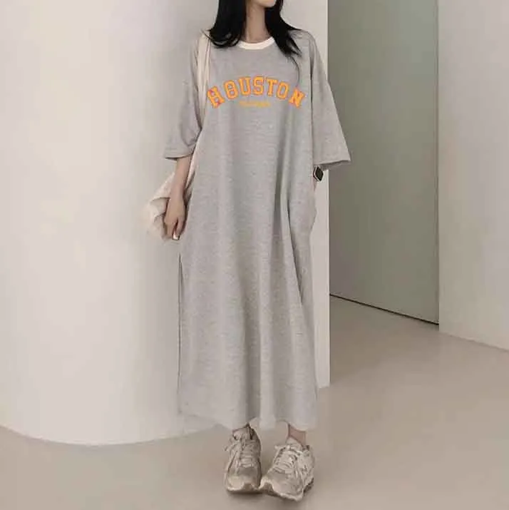 MOMENTLOVER Manufacturer casual printing lazy skirt medium and long straight skirt pure cotton T-shirt dress women's popular summer new