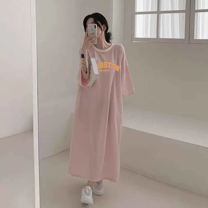 MOMENTLOVER Manufacturer casual printing lazy skirt medium and long straight skirt pure cotton T-shirt dress women's popular summer new
